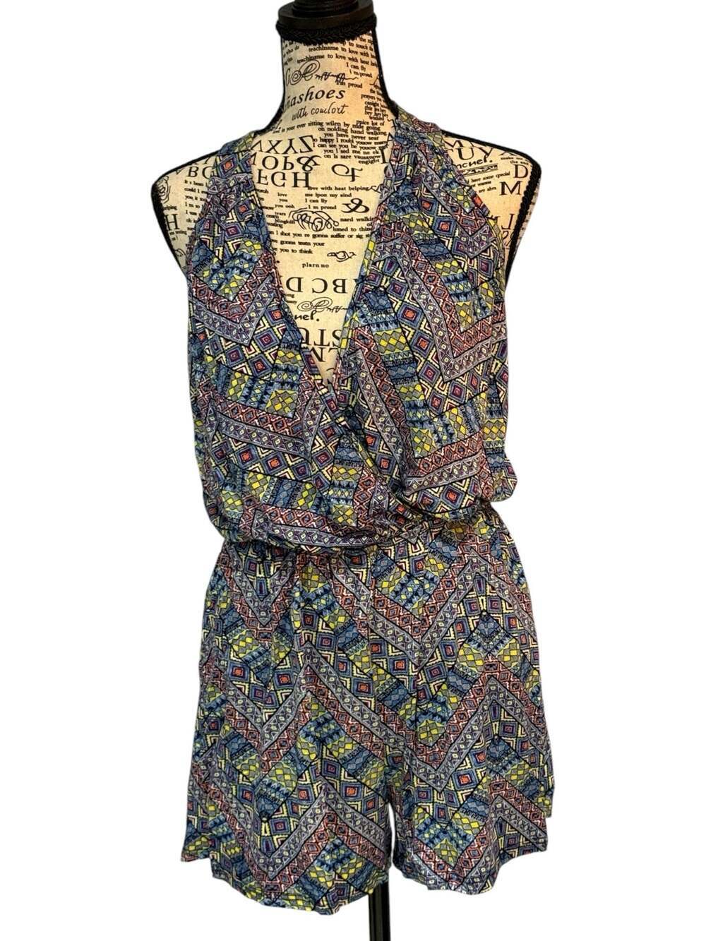 NWT Fraiche by J Boho Geometric Halter Romper Size Medium Multicolor